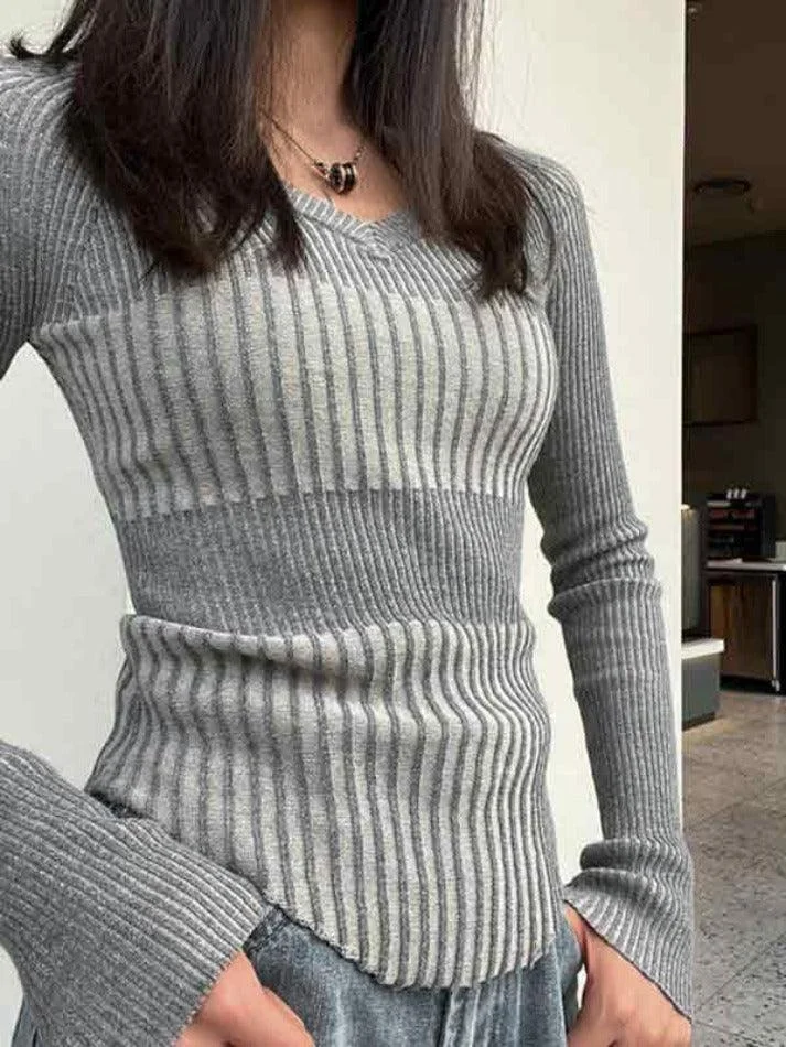 Brownm Ribbed Patchwork V Neck Slim Long Sleeve Knit