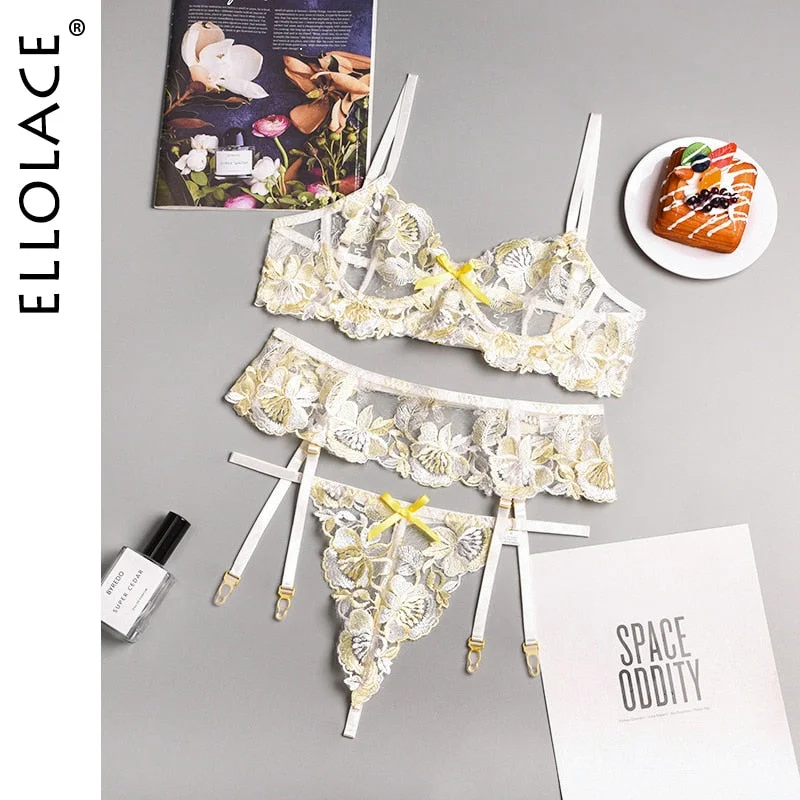 Ellolace Sexy Sensual Lingerie Floral Embroidery Erotic Underwear Underwire Short Skin Care Kit Garters Thongs Red Brief Sets