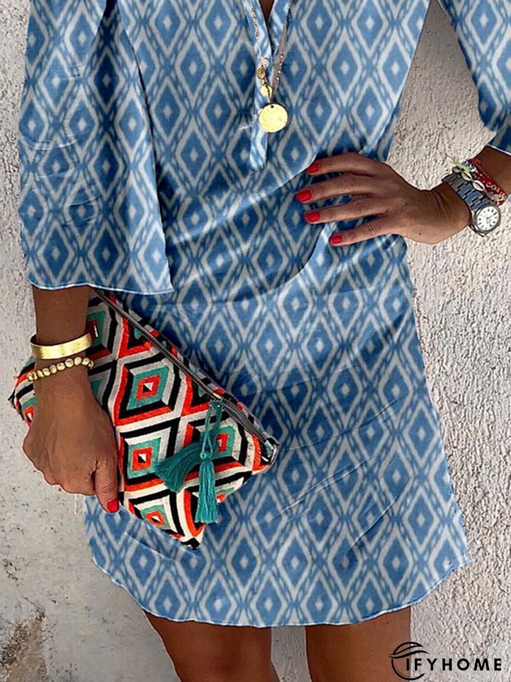 Geometric Long Sleeve V Neck Casual Dress | IFYHOME