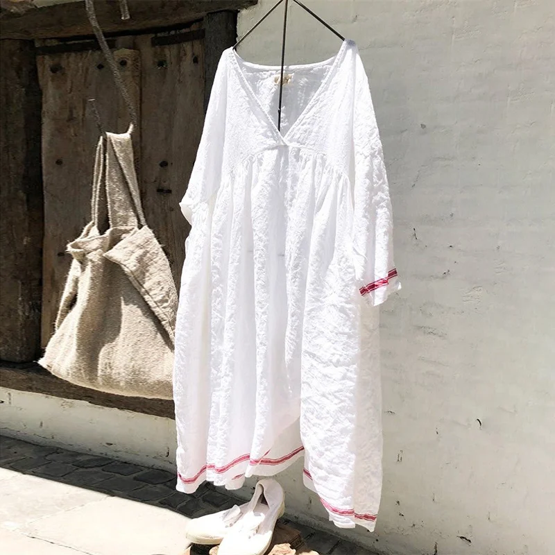⚡NEW SEASON⚡Casual Solid V-Neck Cotton Linen Loose Dress