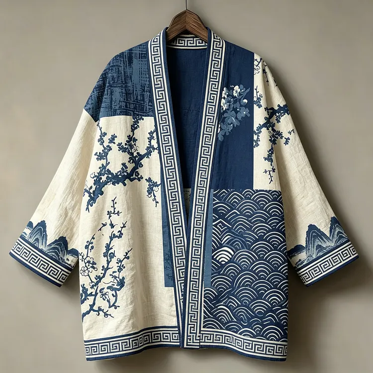 Men's Japanese Art Retro Casual Vacation Floral Cloud Pattern Color Block Linen Cardigan