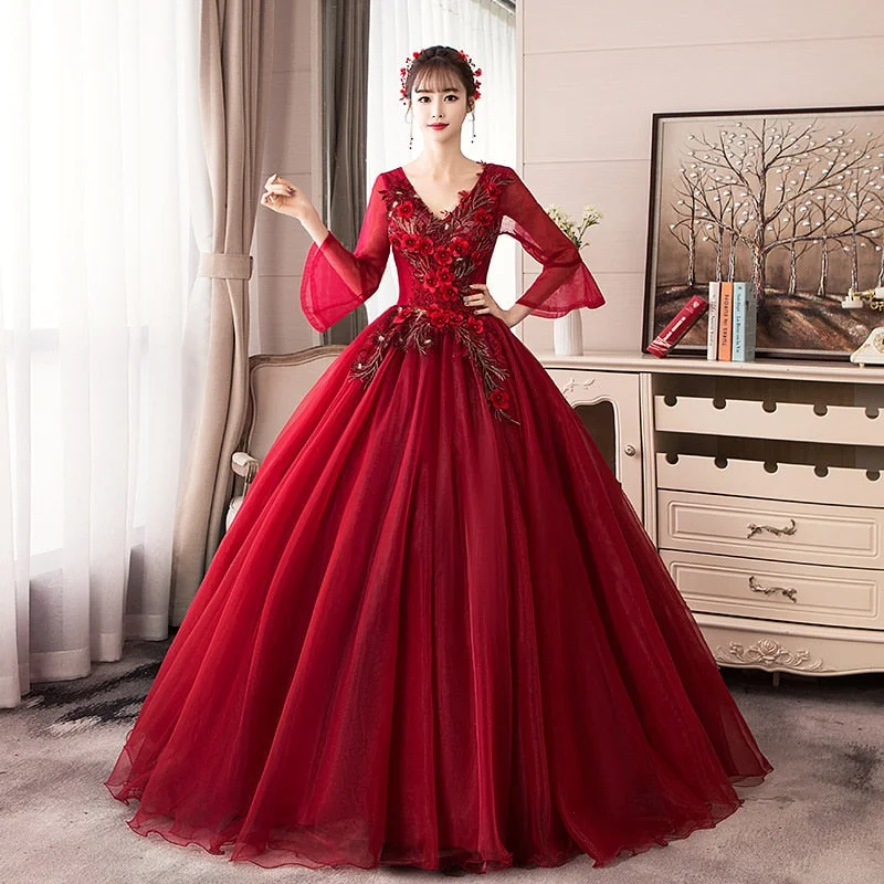 2021 New style V Neck Long Sleeve Quinceanera 15 Years Vestidos De 15 Anos Mint Wine Red Turquoise Quinceanera Gowns Party Dress