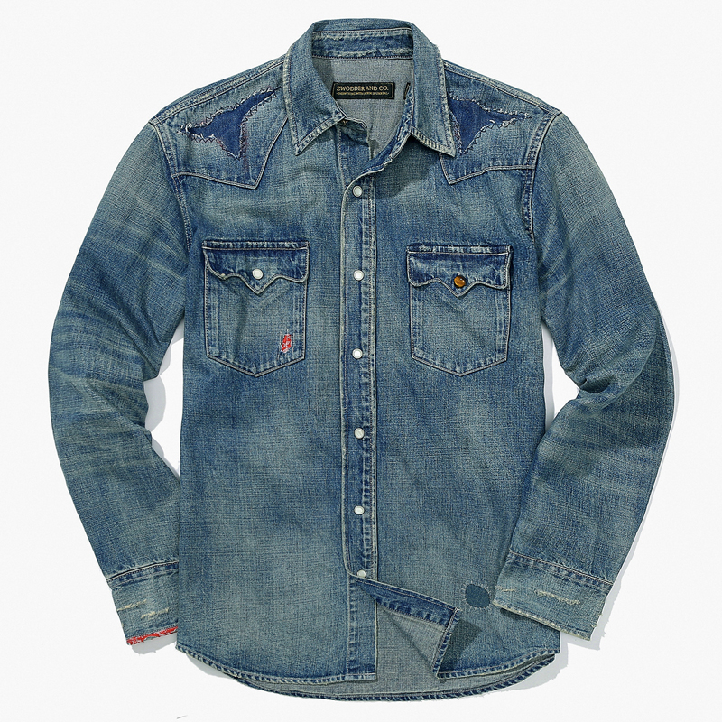 American Western Denim Stitching Washed Distressed Casual Shirt