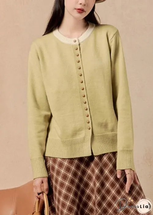 Women Yellow O Neck Button Knit Coats Winter