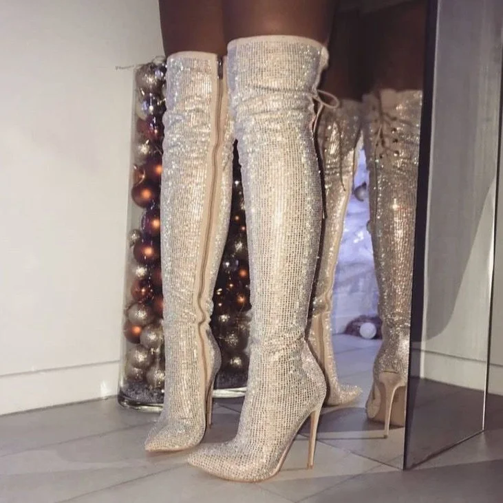 Nude Pointy Toe Rhinestone Thigh-high Boots with Stiletto Heels |FSJ Shoes