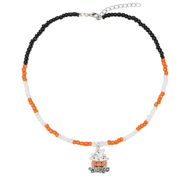 Cwaje05680_Halloween Ghost Pumpkin Beaded Pendant Necklace