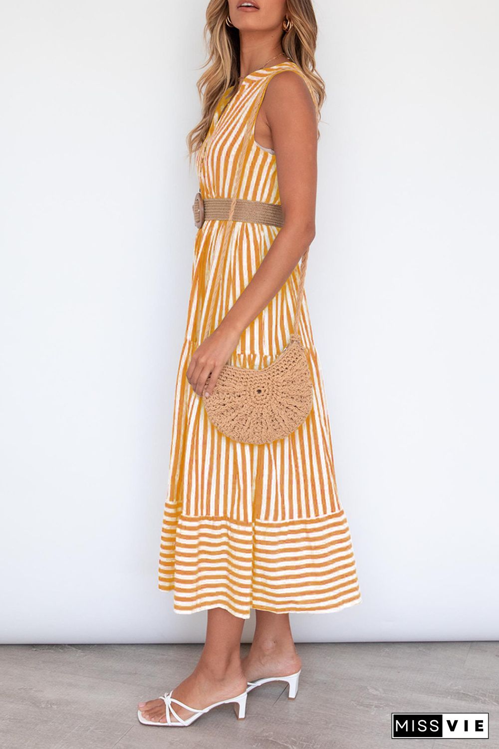 Casual Elegant Striped Flounce Without Belt V Neck A Line Dresses
