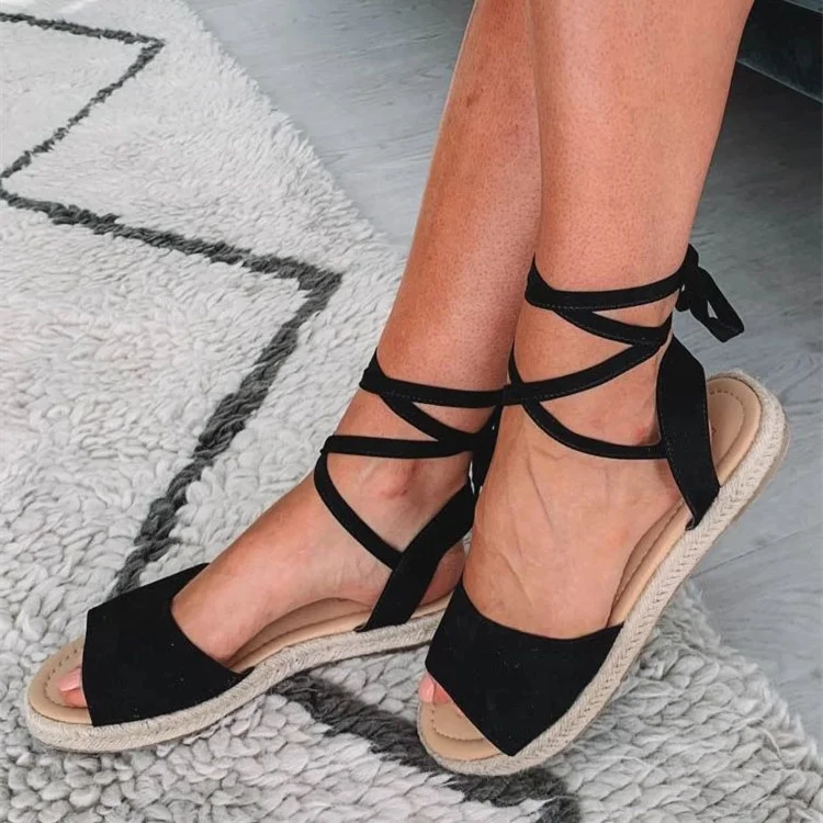 Black Vegan Suede Open Toe Strappy Flat Sandals for Women |FSJ Shoes