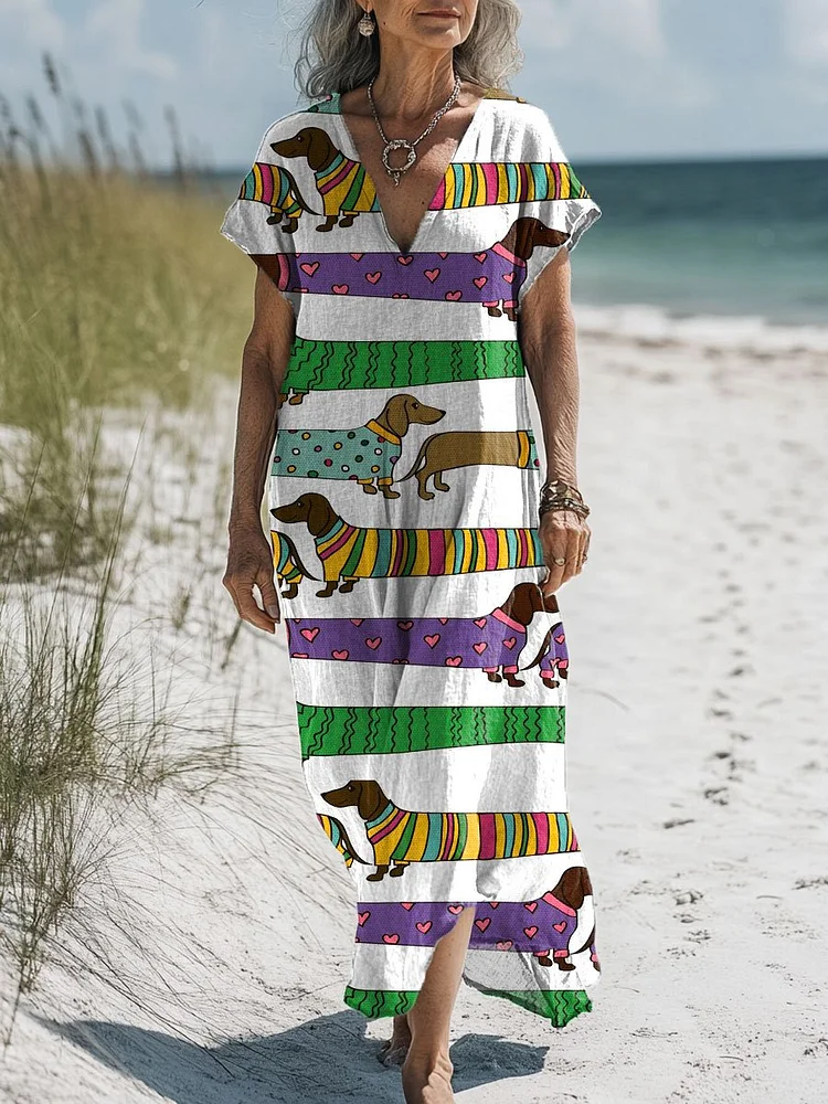 Women's  Dogs  Art Print Pocket Cotton Dress