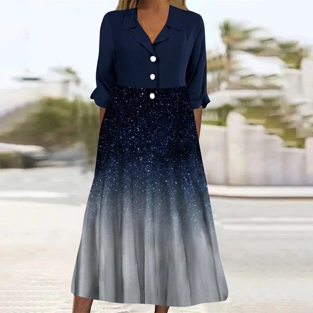 Women Casual Loose Dress with Pockets in Pattern Blue, Glitter, Gradient