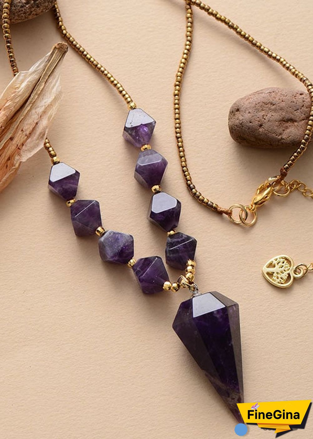 Boho Necklace, Amethysts Hexagonal Cone Pendant Necklace