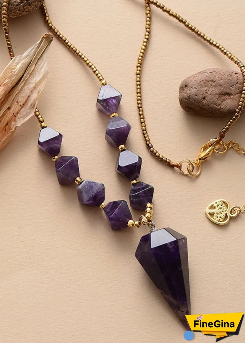 Boho Necklace, Amethysts Hexagonal Cone Pendant Necklace