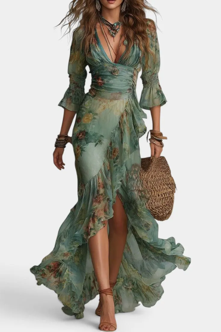 Ruffled Floral Maxi Dress with Deep V Neck