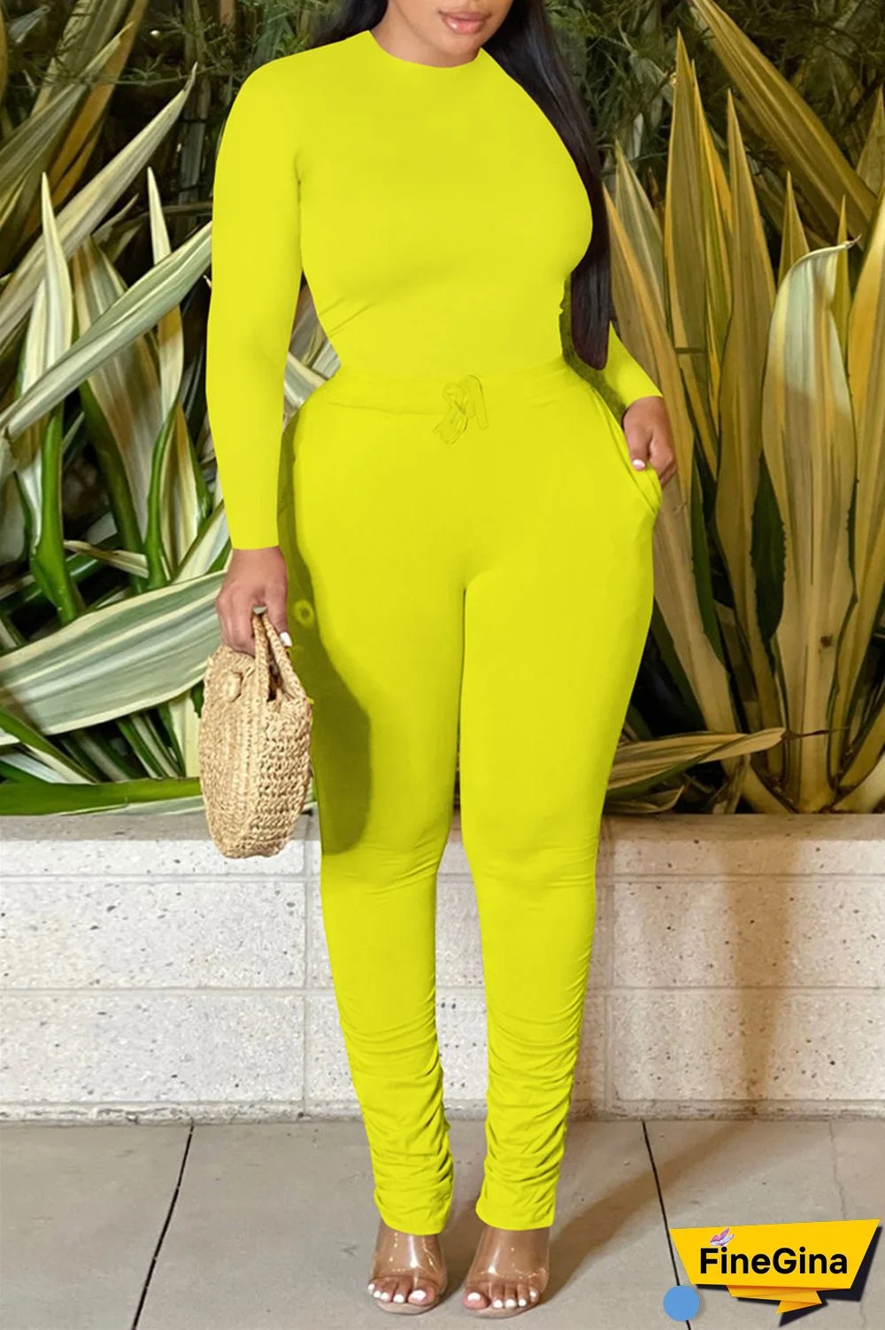 Yellow Casual Solid Basic O Neck Long Sleeve Two Pieces