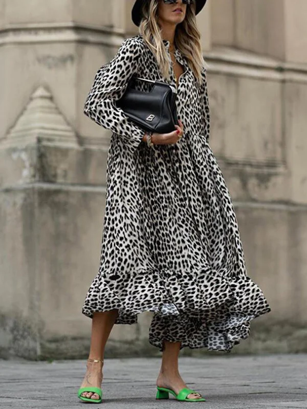 Leopard Print Long Sleeve V-Neck Loose Midi Dress