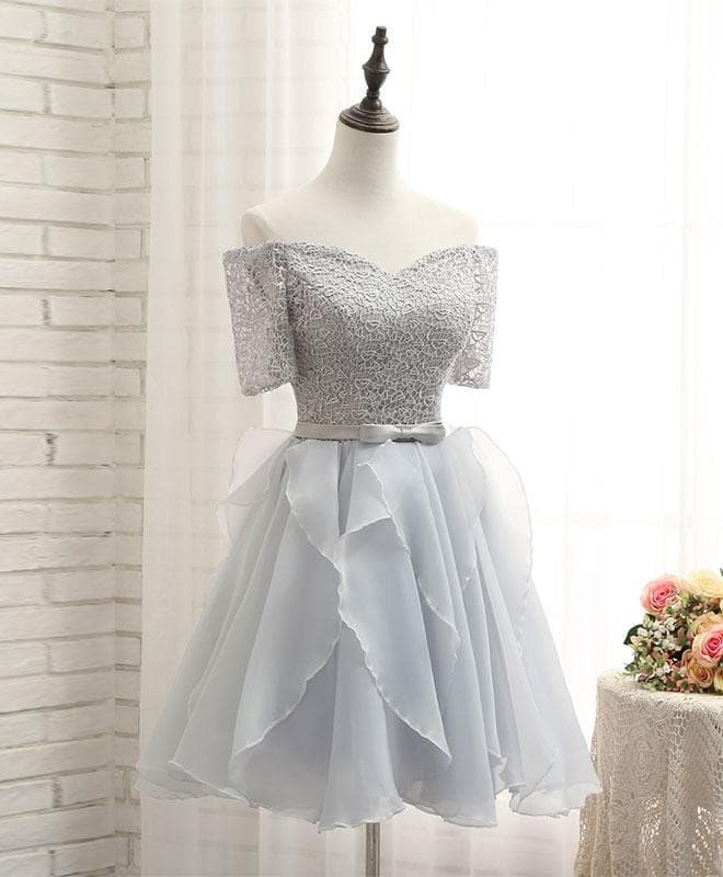 Cute Gray Lace Sleeve Short Prom Dresses