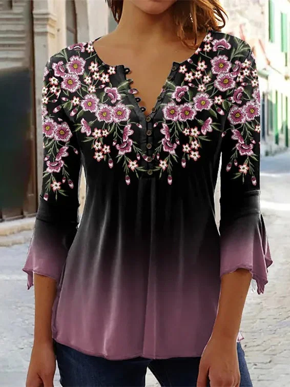 Women's Graphic Floral Printed V-Neck Long Sleeved Top
