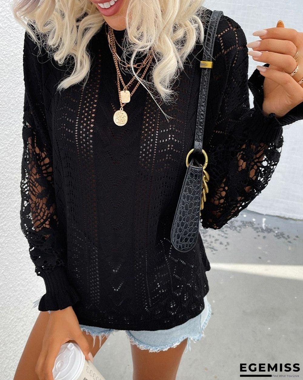 Guipure Lace Patch Long Sleeve Knit Sweater | EGEMISS