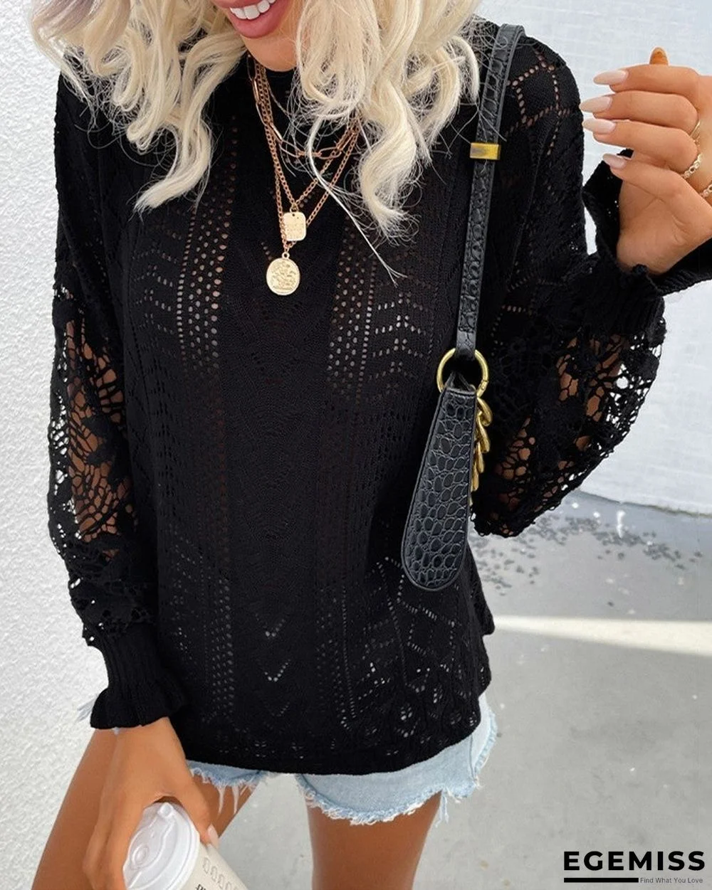 Guipure Lace Patch Long Sleeve Knit Sweater | EGEMISS