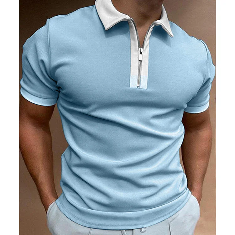 BrosWear Men's Solid Color Zip Collar Short Sleeve Polo Shirt