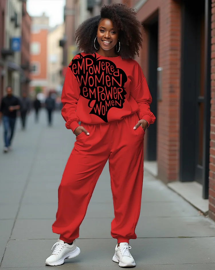 Letter Printing Long Sleeve Crewneck Sweatshirt and Solid Color Casual Pants Set