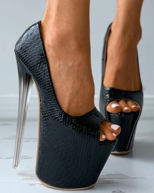 Peep Toe Croc Embossed Platform Stiletto Heels