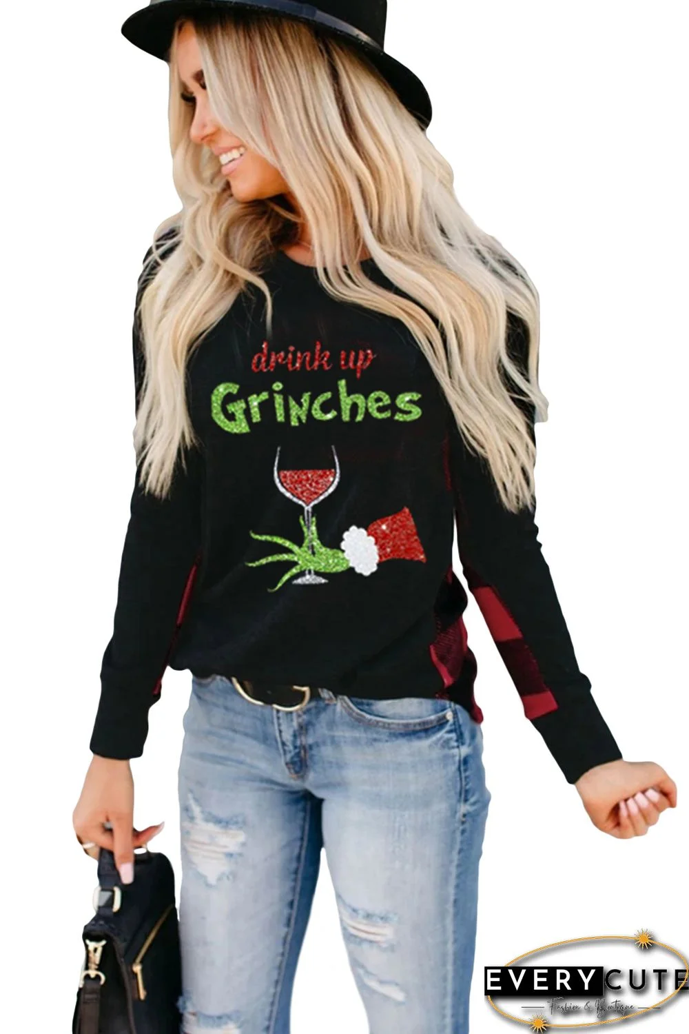 Drink up Grinches Plaid Print Sweatshirt