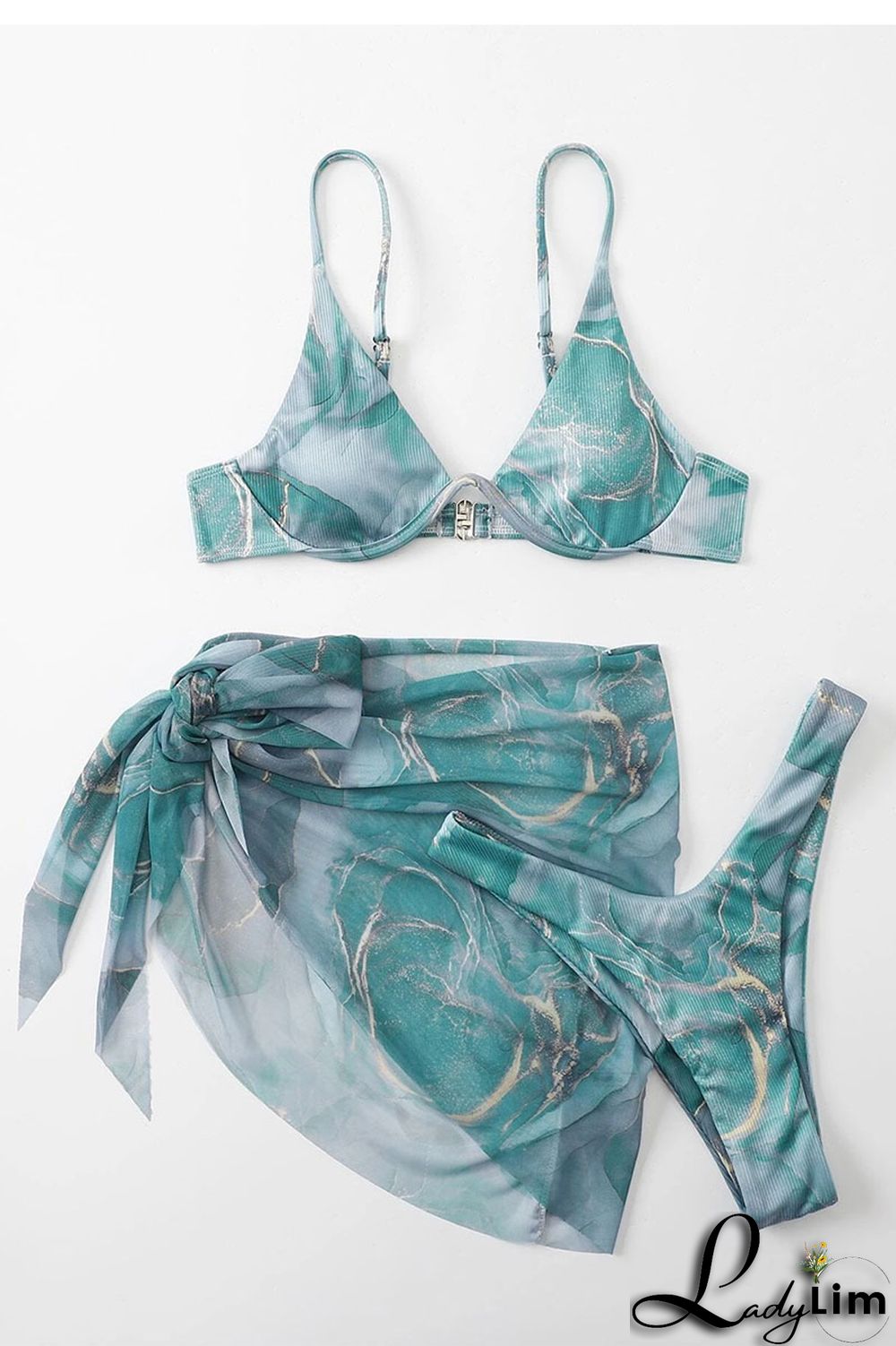 Ink Green Sexy Print Bandage Patchwork Asymmetrical 3 Piece Sets