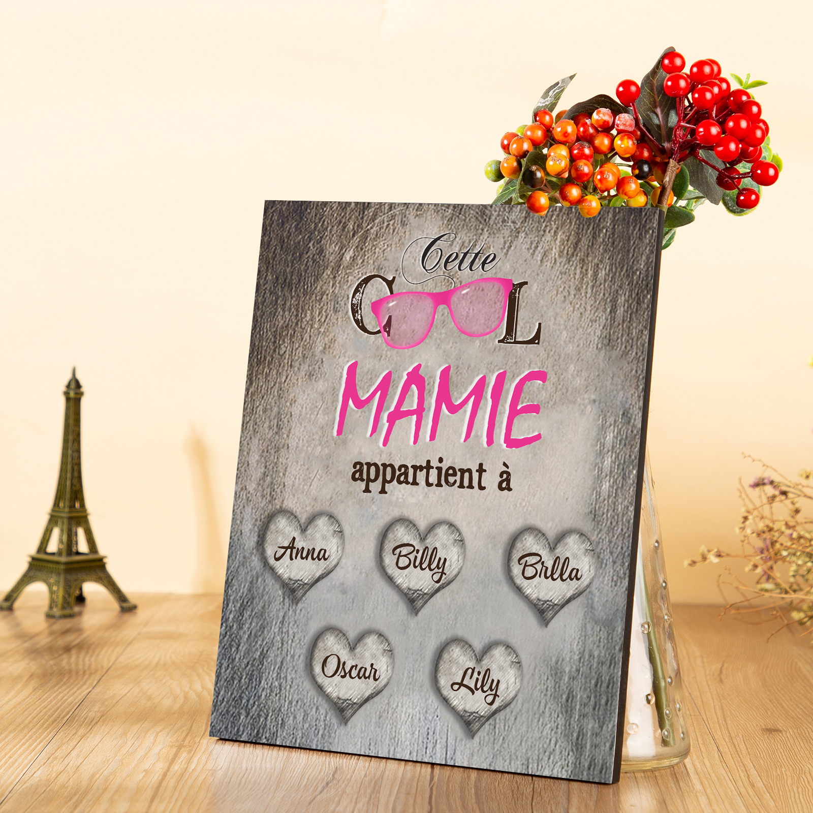 À ma Mamie - Cadre en Bois 5 Prénoms Personnalisés cadeau pour Mamie