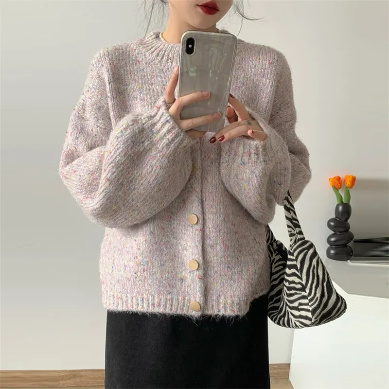 Churchf Churchf Korean Women's Temperament Mixed Color Yarn Wear 2024 Autumn And Winter New Lantern Sleeve Sweater Cardigan Fashion