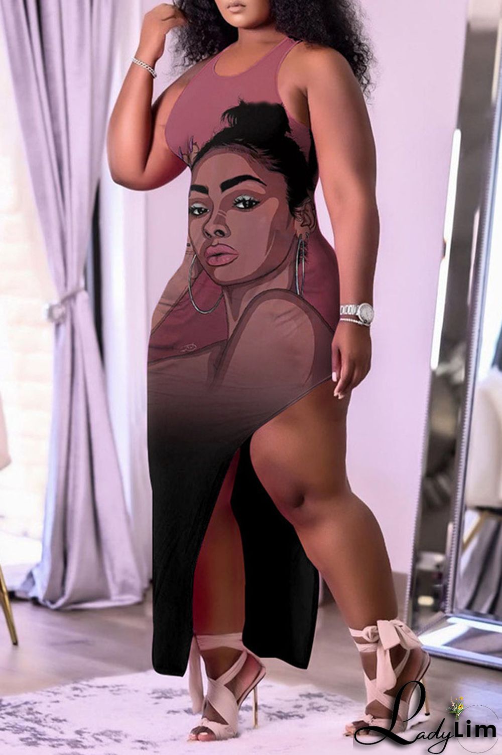 Orange Sexy Print Split Joint Slit O Neck Straight Dresses