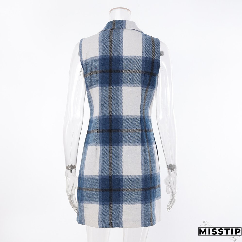 Women's Fashion Plaid Long Vest Turndown Collar Sleeveless Blazer