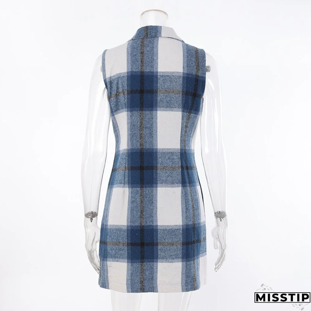 Women's Fashion Plaid Long Vest Turndown Collar Sleeveless Blazer