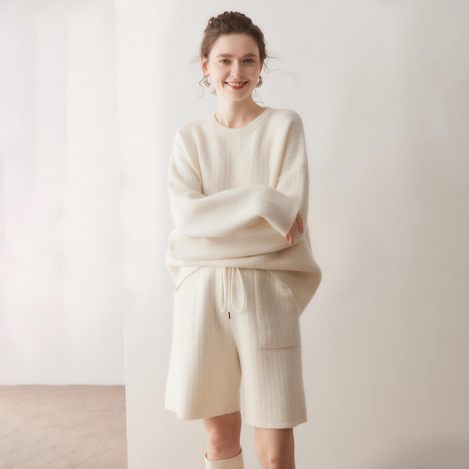 Women's Relaxed Fit Cashmere Knit Crewneck Sweater and Shorts Set REAL SILK LIFE