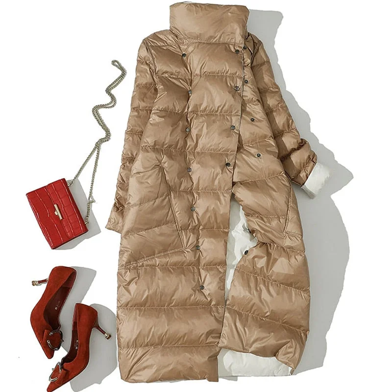 FTLZZ Women Double Side Long Jacket Winter Ultra Light White Duck Down Parka Breasted Plus Size 3xl Female Outwear