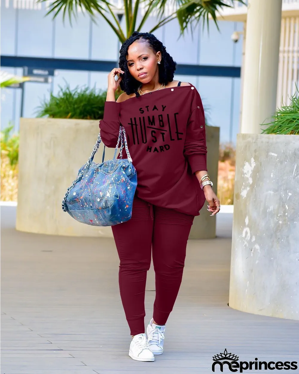 Plus Size Letter Slash Neck Long Sleeve 2 Piece Sets