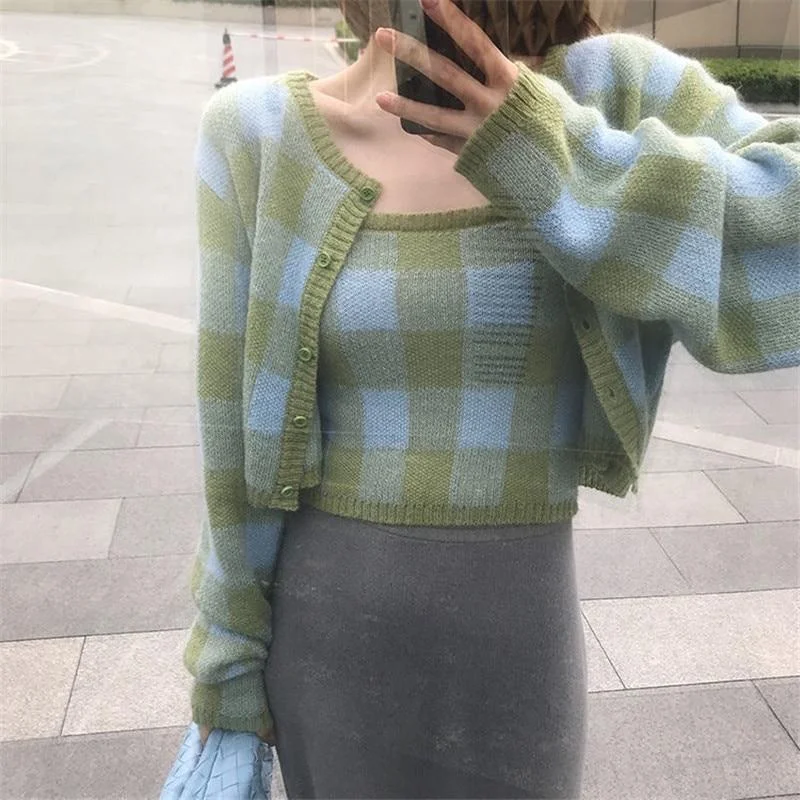 (2Pcs/set ) Korean Fashion Plaid Knitted Cardigan + Checkered Vest Two-piece Set Blusa De Frio Feminina Sueters De Mujer 1108