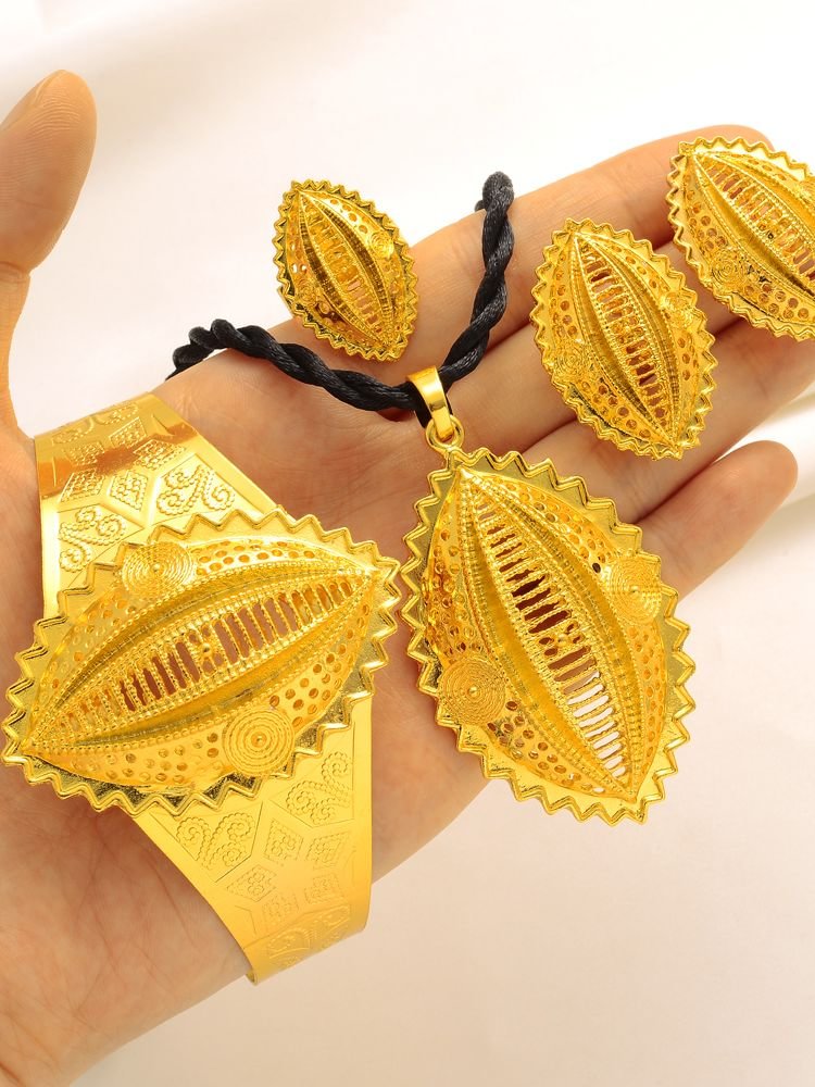 24k Ethiopian Big Pendant Clip Earringsring Bangle  Women Jewelry Sets