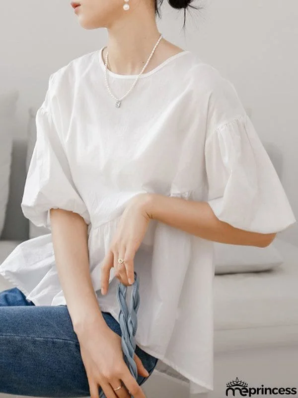Half Sleeves Loose Solid Color Round-Neck T-Shirts Tops