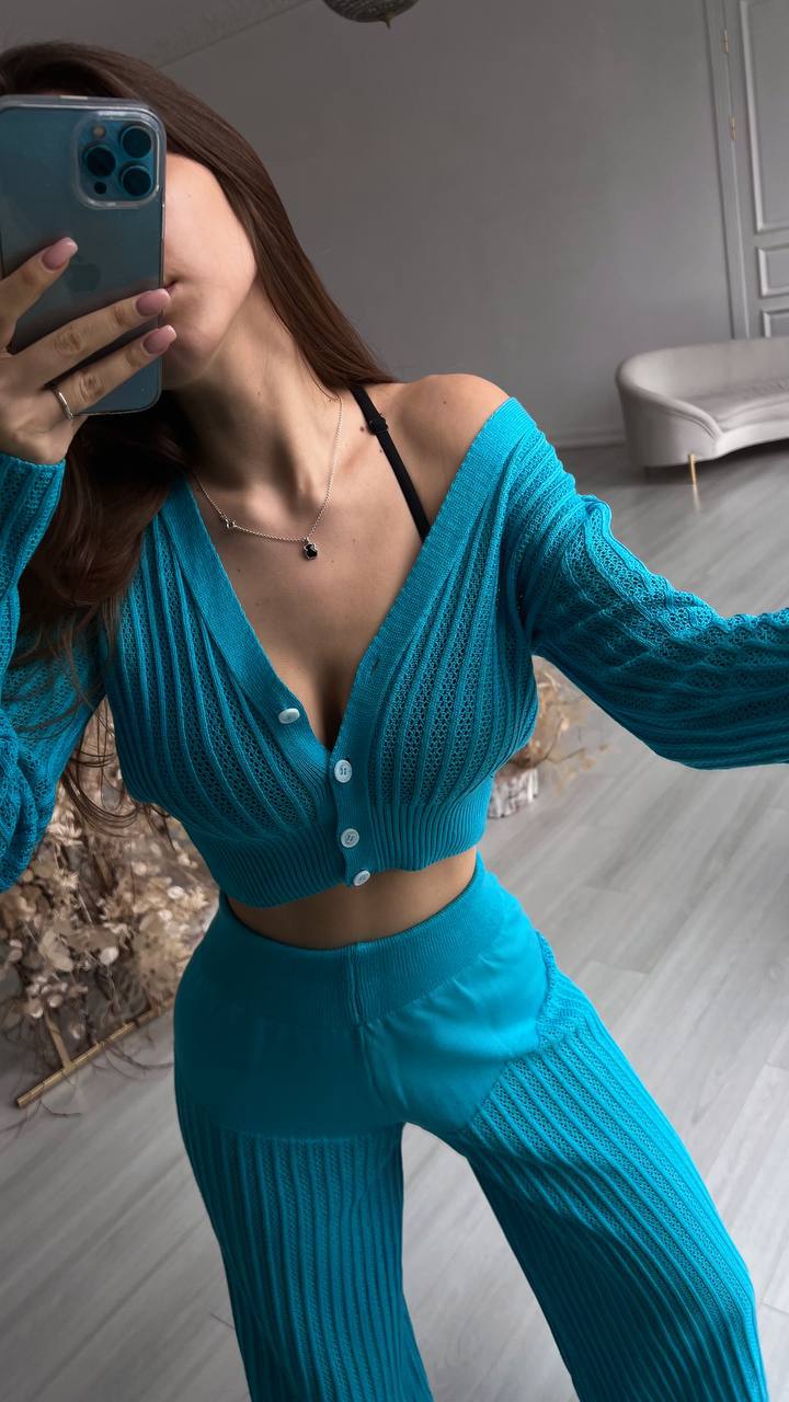 Ootddress Women Casual Knitted Sweater Outfits Buttons See-Through Long Sleeve High Waist Knit Two Piece Fashion Trousers Outfits