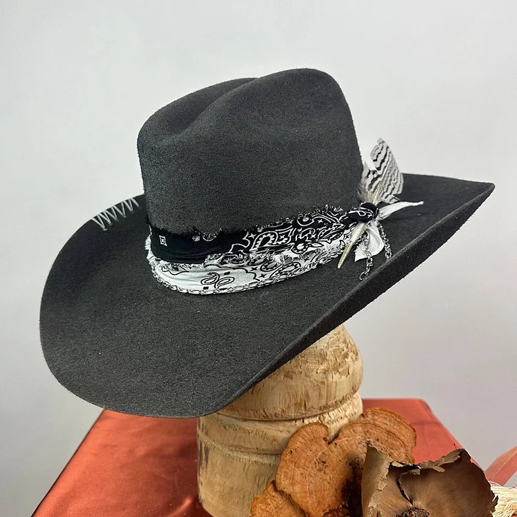 Western Ribbon Decor Distressed Wool Felt Cowboy Hat