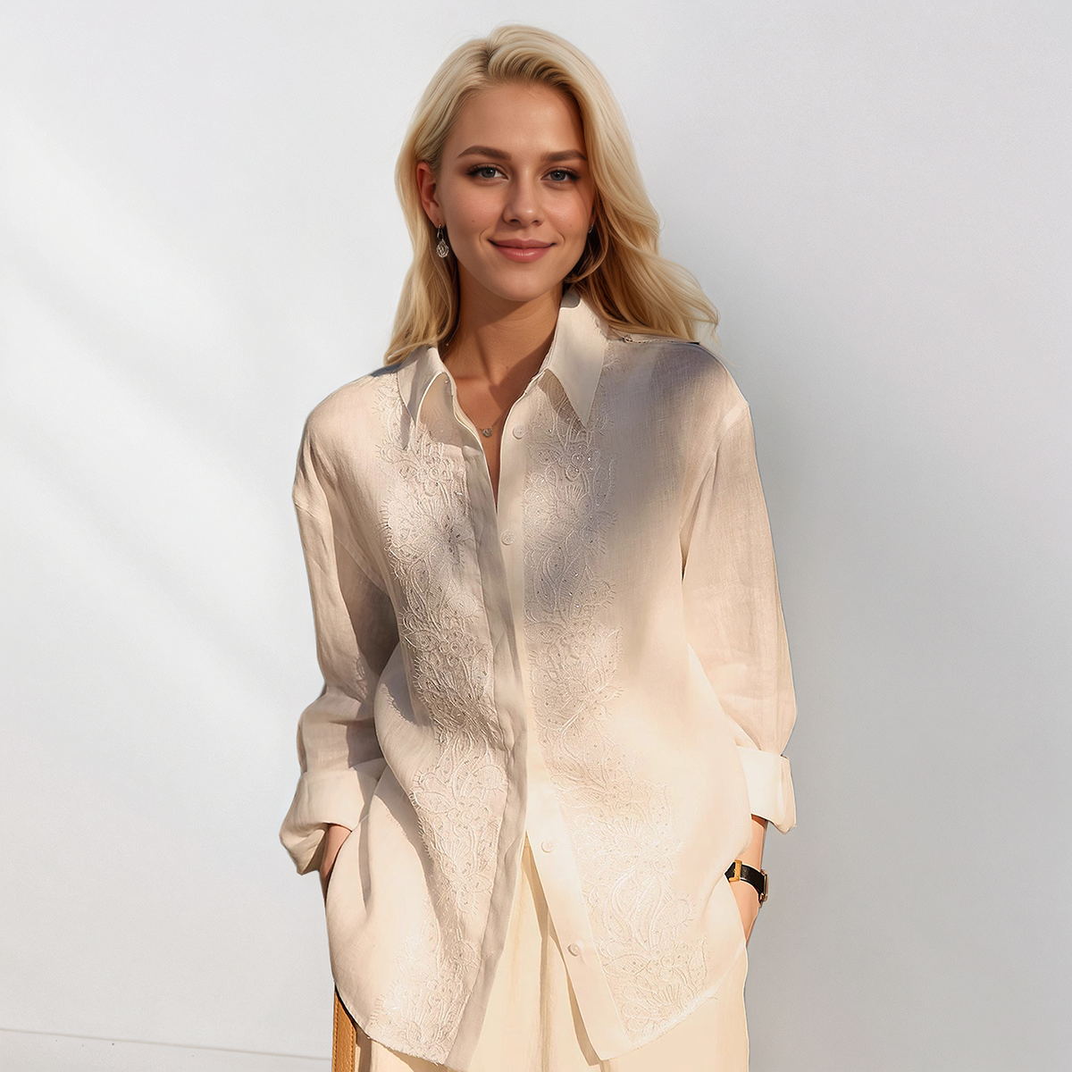 100% Linen Button-Down Shirt with Embroidery REAL SILK LIFE