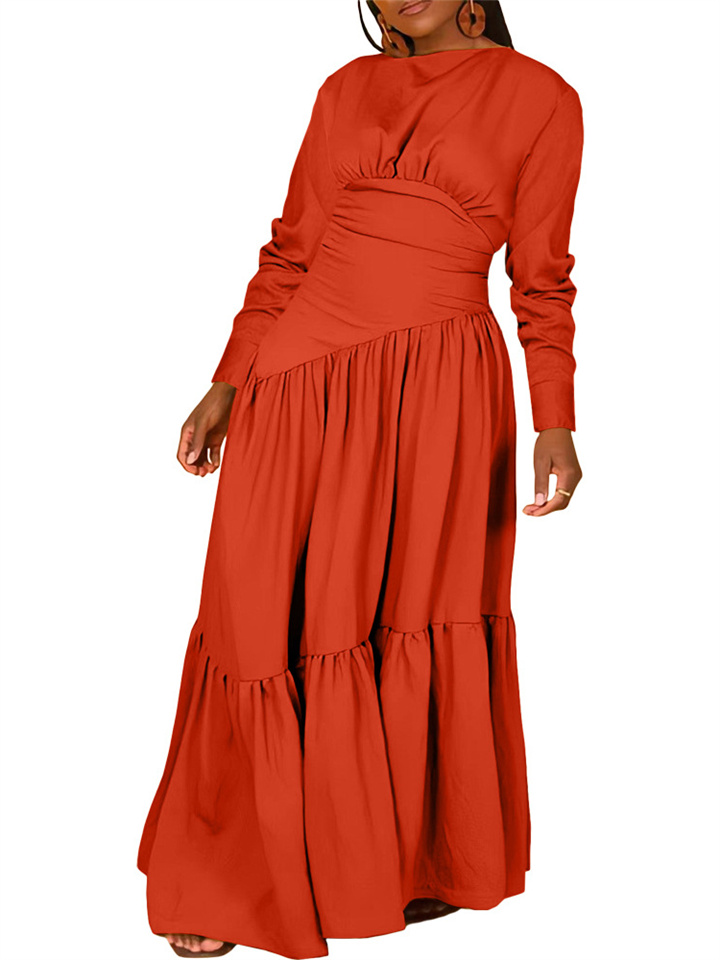 Elegant Women's Solid Color Shirt Long Sleeve Elastic Waist Crumpled Loose Hem Dress Round Neck Pullover Zipper Long Skirt