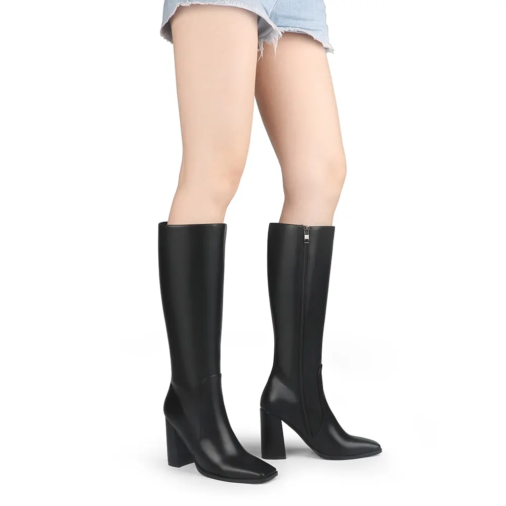 95mm/3.74 Women's Knee High Boots Chunky Heels Square Toe Boots Go Go Boots with Side Zipper-vocosishoes