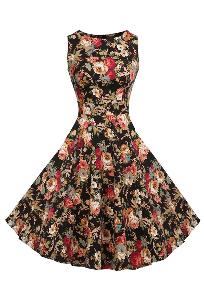 1950s Retro Sleeveless Rose Print Cocktail Swing Midi Dresses
