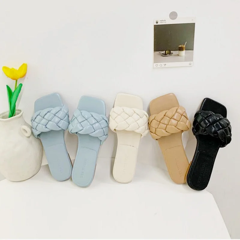 Chic Women Slippers 2021 Hot Women Weave Slippers Flat Shoes Fashion Leisure Shoes Blue Beach Shoe Charm Office Women Slippers
