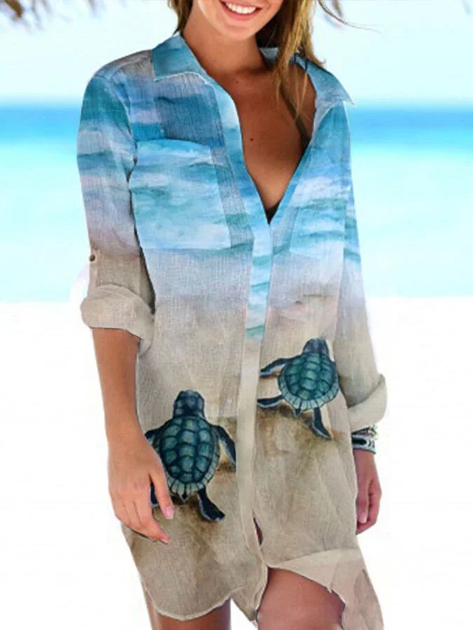 Women's Beach Turtle Print Long Shirt