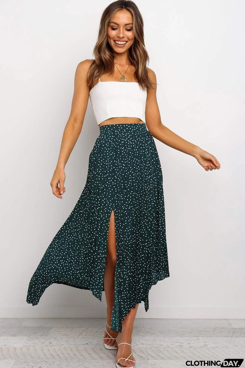 Fashion Print Side Slit Pleated Maxi Skirt