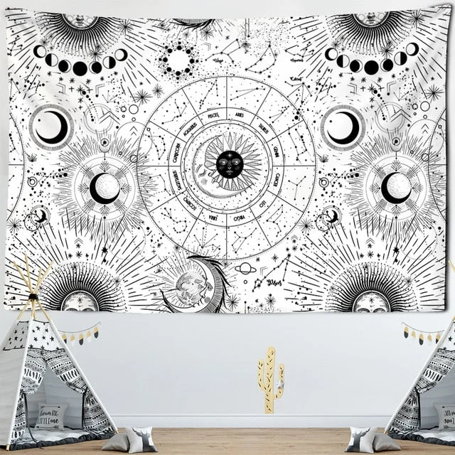 Sun Moon Mandala Starry Sky Tapestry White Black Wall Hanging Bohemian Gypsy Psychedelic Tapiz Witchcraft Astrology Tapestry