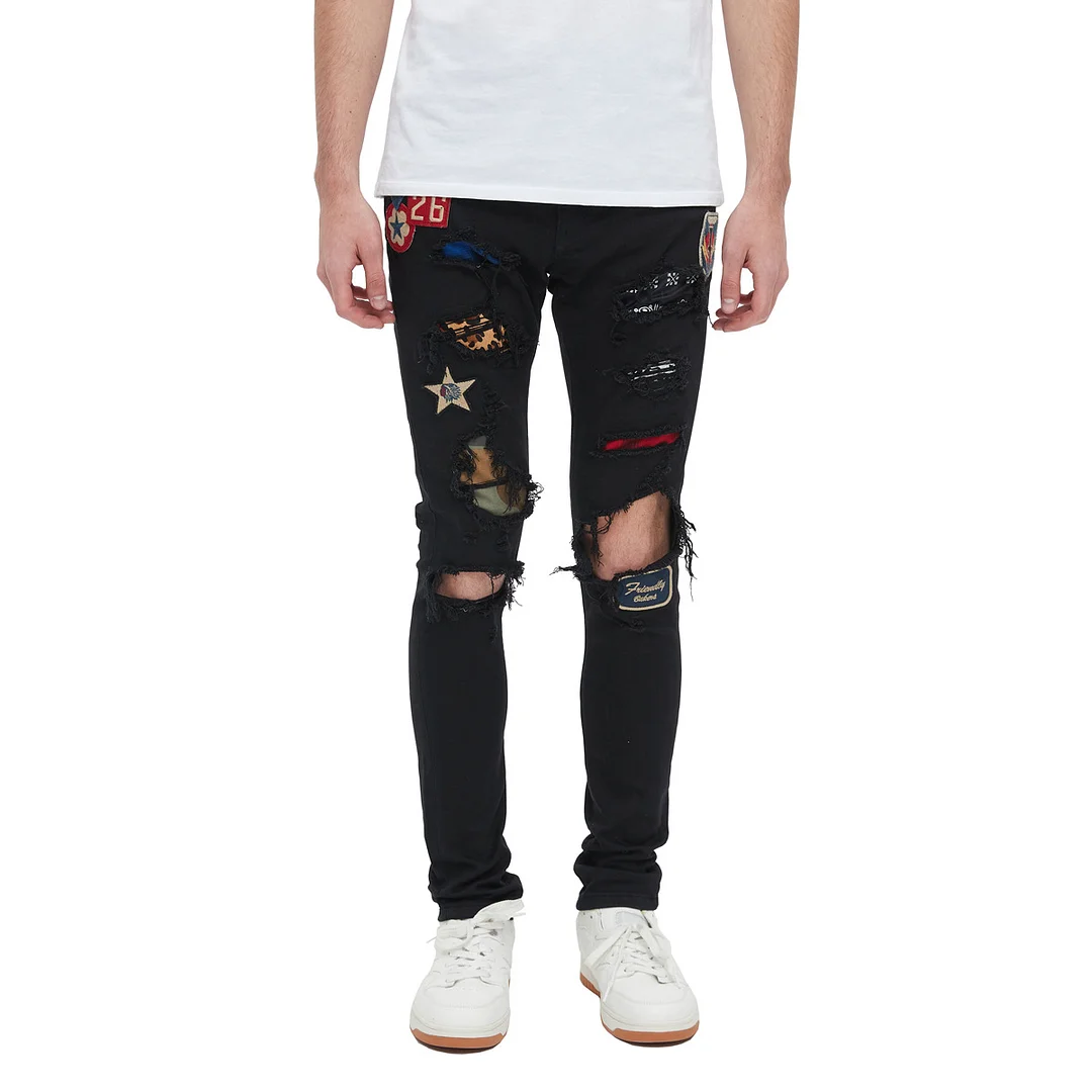 Men's Badge Splicing Ripped High Street Tight Stretch Jeans